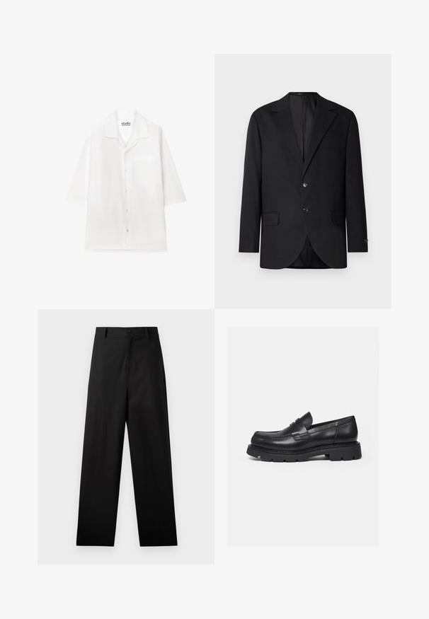 Blazer noir avec un col cranté, fermeture à deux boutons, deux poches avant et une poche poitrine. Tissu lisse et coupe ajustée.; Chemise blanche à manches courtes avec col et poche poitrine, étiquetée Studio Seidensticker.; Pantalons noirs en coton avec une coupe droite, dotés d'une fermeture à bouton à l'avant et de poches latérales. Texture lisse, sans motifs.; Mocassin en cuir noir avec semelle épaisse crantée et détail de bride penny, présenté en profil droit sur fond blanc.