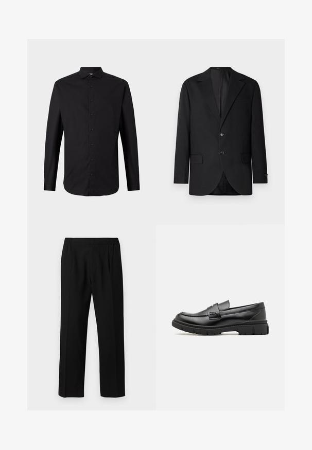 Sort blazer med en notch lapel, dobbel knaplukning, to frontlommer og en enkelt brystlomme. Glat stof og skræddersyet pasform.; Sort langærmet skjorte lavet af vævet stof, med knaplukning fortil, krave og klassisk pasform. Glat tekstur og minimalistisk design.; Sorte bukser lavet af et glat stof, med et elastisk taljebånd, lige ben-design og to frontfolder for ekstra detaljer.; Sort læder loafersko med en bred rem over forfoden, gummisål med tykke mønstre og glat overflade. Klassisk, slankt design.