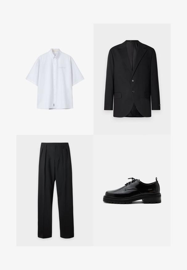 Blazer noir avec un col cranté, fermeture à deux boutons, deux poches avant et une poche poitrine. Tissu lisse et coupe ajustée.; Chemise blanche à manches courtes avec col, boutonnée sur le devant, et texte brodé discret sur la poitrine gauche indiquant "another."; Pantalon noir taille haute, sur-mesure, avec passants pour ceinture, plis sur le devant, fermeture par bouton et jambes droites larges sur fond clair.; Chaussure en cuir noir poli à lacets, semelle en caoutchouc épaisse et talon bas, texte de marque "SAMSOE" sur le côté et languette arrière.