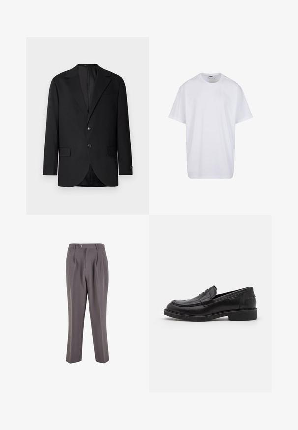 Sort blazer med en notch lapel, dobbel knaplukning, to frontlommer og en enkelt brystlomme. Glat stof og skræddersyet pasform.; Hvid, kortærmet bomulds-T-shirt med rund hals og synligt størrelses- og mærkelabel inde i kraven.; Grå plisserede bukser lavet af glat stof, med lige ben-design, en enkelt knaplukning og skrå sidelommer.; Sorte læder loafers med en rund tå, tonale syninger og en stropdetalje foran. Gummisål med en lav hæl.