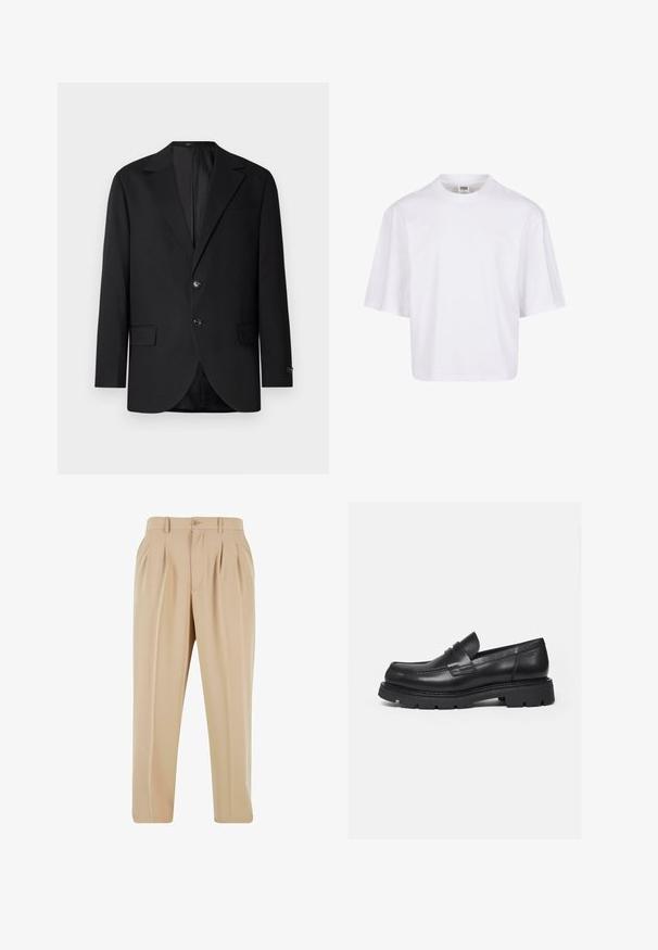 Sort blazer med en notch lapel, dobbel knaplukning, to frontlommer og en enkelt brystlomme. Glat stof og skræddersyet pasform.; Hvid t-shirt med korte ærmer, der har en rund halsudskæring og en afslappet pasform, lavet af et glat bomuldsblandingsstof. Ingen mønstre eller udsmykninger.; Beige plisserede bukser med lige ben-design, lavet af glat stof, med en knaplukning og løkker til bælte i taljen.; Sort læderloafer med tyk rillede sål og penny-remdetalje, vist i højre sideprofil på hvid baggrund.