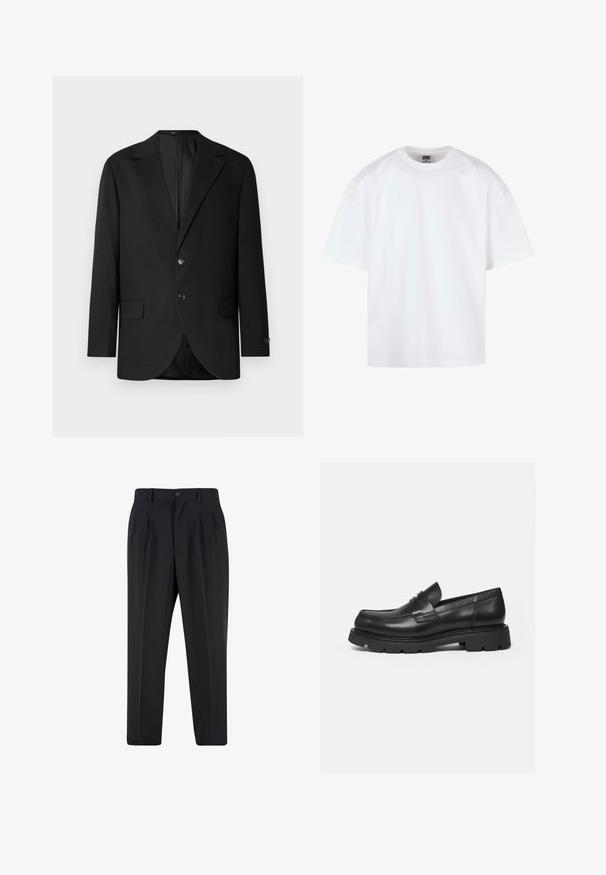 Blazer negro con solapa de muesca, cierre de doble botón, dos bolsillos frontales y un bolsillo en el pecho. Tela suave y corte entallado.; Camiseta blanca de manga corta con diseño de cuello redondo, confeccionada en algodón, con un ajuste relajado y detalles mínimos de costura.; Pantalones negros a medida con pliegues delanteros, trabillas para cinturón y cierre con botón en la cintura.; Mocasín negro de cuero con suela gruesa y acanalada y detalle de tira para moneda, mostrado en perfil lateral derecho sobre fondo blanco.