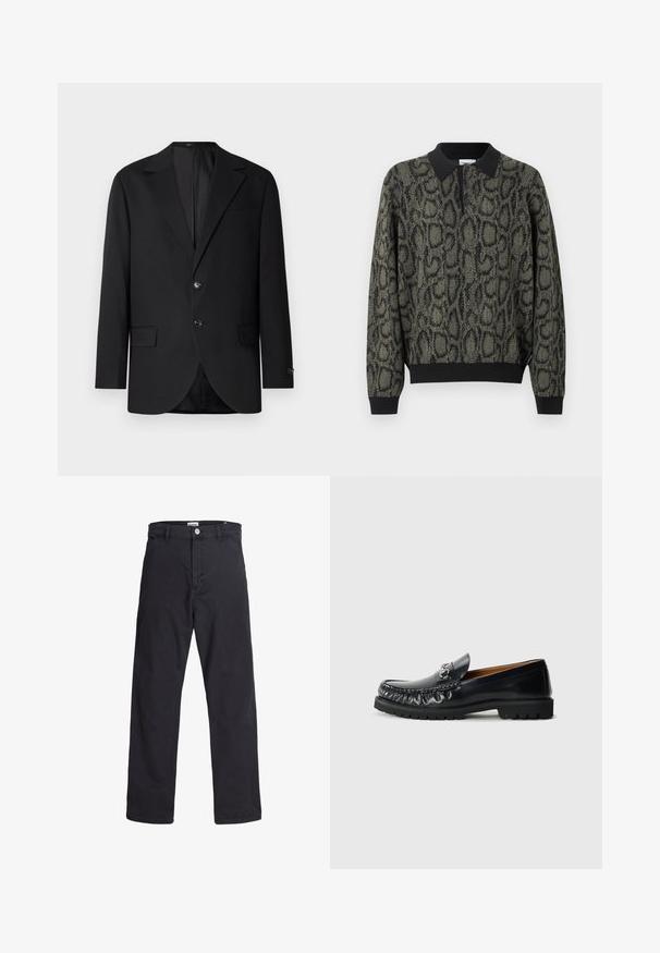 Schwarzer Blazer mit Reverskragen, Doppelknopfverschluss, zwei vorderen Taschen und einer Brusttasche. Glattes Material und taillierte Passform.; Langärmliges Polohemd mit schwarzem Kragen, Bündchen und Saum, mit dunkelgrünem und schwarzem Schlangenledermuster auf dem Körper und den Ärmeln.; Schwarze Hose mit geradem Bein, Knopf- und Reißverschluss vorne, Gürtelschlaufen und vorderen Taschen, dargestellt vor weißem Hintergrund.; Schwarze Lederloafers mit abgerundetem Zeh, dekorativen Nähten und einem metallischen Akzent an der Vorderseite; Gummisohle mit rutschfestem Muster.