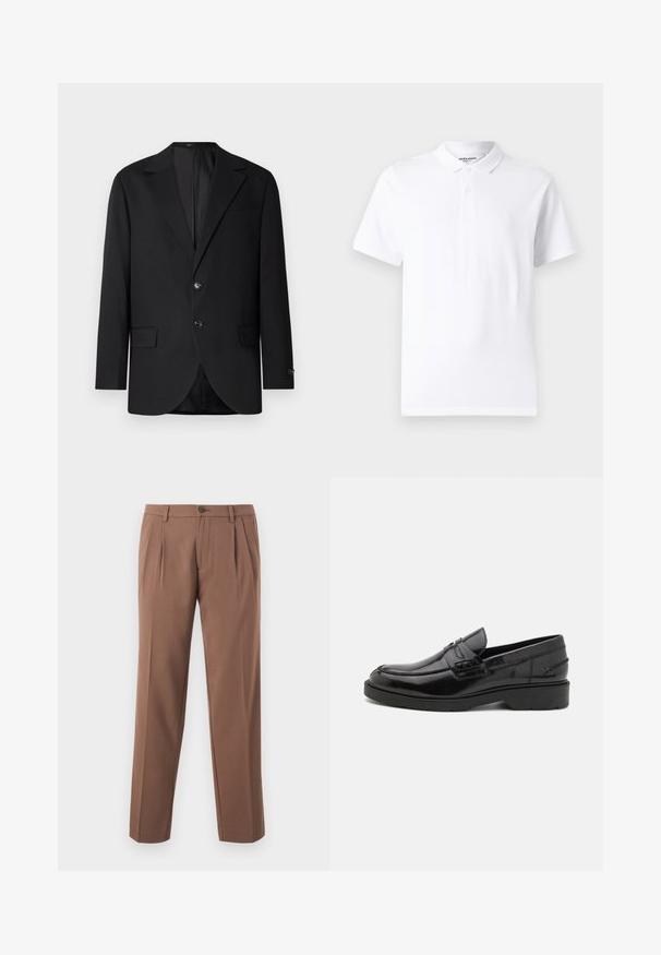 Sort blazer med en notch lapel, dobbel knaplukning, to frontlommer og en enkelt brystlomme. Glat stof og skræddersyet pasform.; Hvid polo skjorte med en klassisk krave, to-knaps placket, korte ærmer og et lille logo på brystet. Lavet af glat stof.; Brune plisserede bukser med lige ben-design, der har en enkelt knaplukning og en glat, struktureret stof.; Sorte læder loafers med en glat finish, rund tå, lav hæl og dekorativ syning langs forsiden. Gummisål for godt greb.