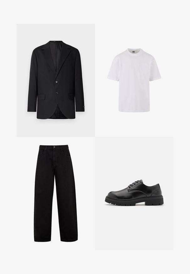 Blazer negro con solapa de muesca, cierre de doble botón, dos bolsillos frontales y un bolsillo en el pecho. Tela suave y corte entallado.; Camiseta blanca de manga corta hecha de algodón, con un escote redondo y un solo bolsillo en el lado izquierdo del pecho.; Jeans anchos negros de mezclilla, con bolsillos delanteros, cierre de botón y un diseño limpio y minimalista sin patrones visibles.; Zapatos de cuero negro con punta redondeada, diseño con cordones y una suela de goma gruesa y texturizada. Presentan costuras a lo largo del borde y un acabado suave.
