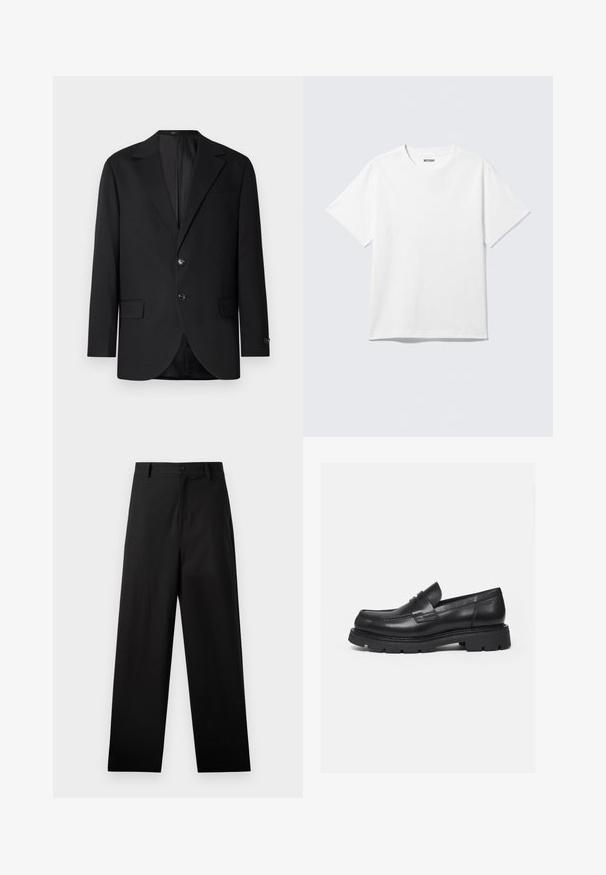 Schwarzer Blazer mit Reverskragen, Doppelknopfverschluss, zwei vorderen Taschen und einer Brusttasche. Glattes Material und taillierte Passform.; Weißes T-Shirt mit kurzen Ärmeln und Rundhalsausschnitt, flach liegend, schlichtes Design, mit „WEEKDAY“-Etikett innen im Kragen auf hellem Hintergrund.; Schwarze Baumwollhosen mit geradem Bein, ausgestattet mit einem vorderen Knopfverschluss und Seiten Taschen. Glatte Textur, keine Muster.; Schwarzer Lederloafer mit dicker, profilierter Sohle und Pennyriemen-Detail, von der rechten Seitenansicht auf weißem Hintergrund gezeigt.