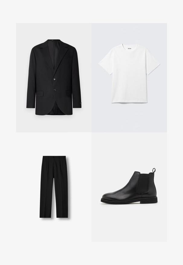 Blazer noir avec un col cranté, fermeture à deux boutons, deux poches avant et une poche poitrine. Tissu lisse et coupe ajustée.; T-shirt blanc à manches courtes et col rond, étalé à plat, design uni, avec l'étiquette "WEEKDAY" à l'intérieur du col sur un fond clair.; Pantalon noir droit avec plis devant, taille boutonnée et poches latérales sur un fond blanc uni.; Bottines Chelsea en cuir noir avec panneaux élastiques sur les côtés et une languette. Bout arrondi et semelle en caoutchouc plate, mettant en valeur une finition lisse.