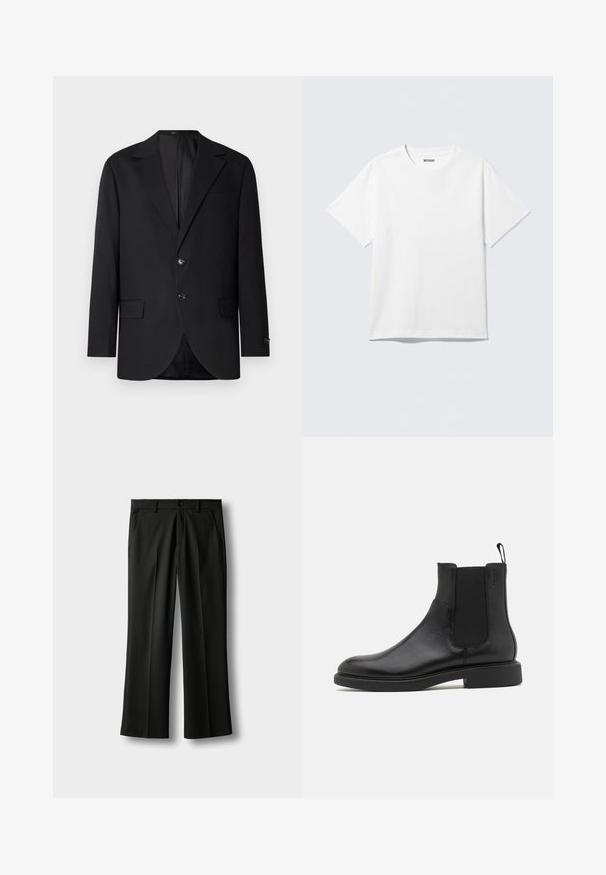 Schwarzer Blazer mit Reverskragen, Doppelknopfverschluss, zwei vorderen Taschen und einer Brusttasche. Glattes Material und taillierte Passform.; Weißes T-Shirt mit kurzen Ärmeln und Rundhalsausschnitt, flach liegend, schlichtes Design, mit „WEEKDAY“-Etikett innen im Kragen auf hellem Hintergrund.; Schwarze, maßgeschneiderte Anzughose mit Gürtelschlaufen, vorderem Knopf- und Reißverschluss, Seitentaschen und Bügelfalten entlang der Beine vor hellem Hintergrund.; Schwarze Leder-Ankle-Boots mit glatter Textur, elastischen Seitenpaneelen und einer Zuglasche. Runde Zehenpartie und flache Gummisohle mit minimalem Profil.