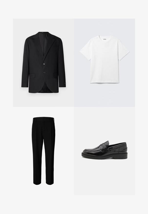 Zwarte blazer met een notch lapel, dubbele knoopsluiting, twee voorzakken en een enkele borstzak. Gladde stof en een getailleerde pasvorm.; Witte T-shirt met korte mouwen en ronde hals, plat gelegd, effen ontwerp, met een "WEEKDAY" label in de kraag op een lichte achtergrond.; Zwarte formele broek met riemlussen, voorste knoop en ritssluiting, weergegeven tegen een witte achtergrond.; Zwarte leren instappers met een gladde afwerking, ronde neus, lage hak en decoratieve stiksels aan de voorkant. Rubberen buitenzool voor grip.