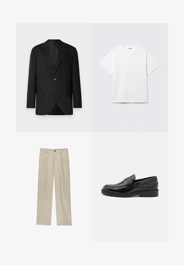 Blazer noir avec un col cranté, fermeture à deux boutons, deux poches avant et une poche poitrine. Tissu lisse et coupe ajustée.; T-shirt blanc à manches courtes et col rond, étalé à plat, design uni, avec l'étiquette "WEEKDAY" à l'intérieur du col sur un fond clair.; Pantalon beige à coupe droite, doté d'un seul bouton noir, de passants de ceinture et de poches latérales. Texture de tissu lisse et design minimaliste.; Mocassins en cuir noir avec une finition lisse, un bout rond, un petit talon et descoutures décoratives à l'avant. Semelle en caoutchouc pour l'adhérence.