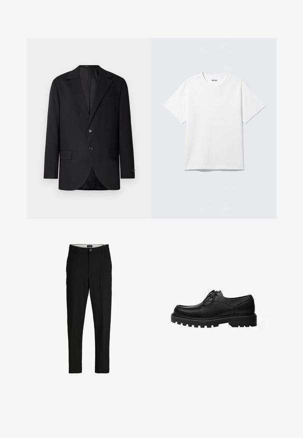 Schwarzer Blazer mit Reverskragen, Doppelknopfverschluss, zwei vorderen Taschen und einer Brusttasche. Glattes Material und taillierte Passform.; Weißes T-Shirt mit kurzen Ärmeln und Rundhalsausschnitt, flach liegend, schlichtes Design, mit „WEEKDAY“-Etikett innen im Kragen auf hellem Hintergrund.; Schwarze Hosen aus glattem Stoff, mit maßgeschneidertem Design, geraden Beinen, zwei Fronttaschen und einem Knopfverschluss.; Schwarzer Leder-Schnürschuh mit dicker, robuster Sohle und detaillierter Naht am Obermaterial, entworfen für formelle oder legere Anlässe.
