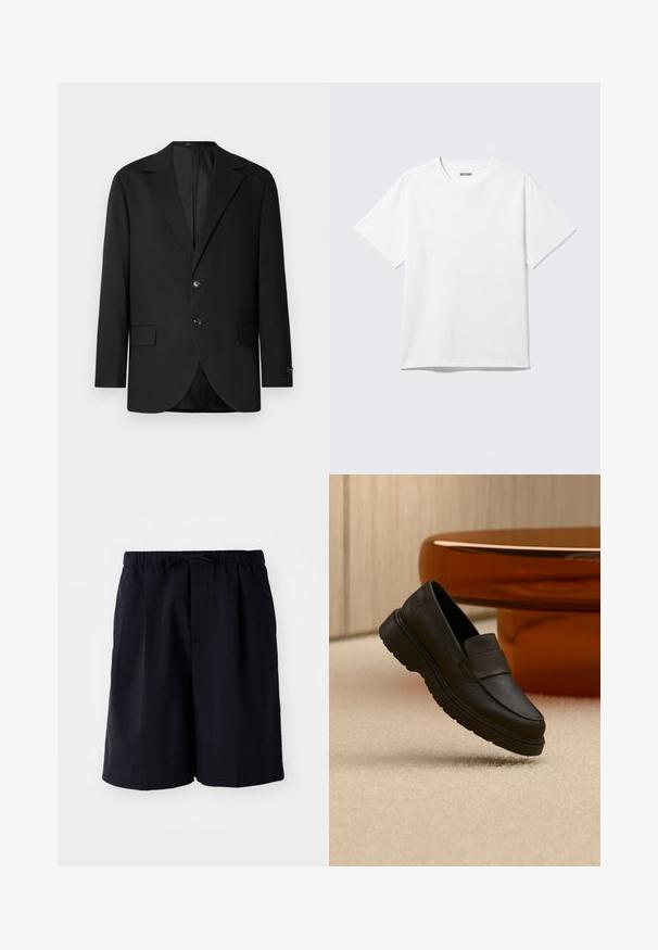 Blazer noir avec un col cranté, fermeture à deux boutons, deux poches avant et une poche poitrine. Tissu lisse et coupe ajustée.; T-shirt blanc à manches courtes et col rond, étalé à plat, design uni, avec l'étiquette "WEEKDAY" à l'intérieur du col sur un fond clair.; Shorts bleu marine en tissu léger, dotés d'une taille élastique avec cordon de serrage et de deux poches latérales, coupe droite.; Mocassin en cuir noir avec une semelle épaisse posé sur un tapis clair devant une table en verre brun courbée et un lambris mural en bois.