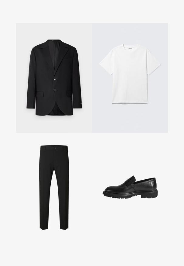 Schwarzer Blazer mit Reverskragen, Doppelknopfverschluss, zwei vorderen Taschen und einer Brusttasche. Glattes Material und taillierte Passform.; Weißes T-Shirt mit kurzen Ärmeln und Rundhalsausschnitt, flach liegend, schlichtes Design, mit „WEEKDAY“-Etikett innen im Kragen auf hellem Hintergrund.; Schwarze Slim-Fit-Hose mit Knopf- und Reißverschluss, Gürtelschlaufen und geraden Beinen auf weißem Hintergrund.; Schwarze Lederloafer mit runder Zehenform, strukturiertem Obermaterial und Gummilaufsohle. Mit einem dekorativen Riemen über dem Obermaterial.