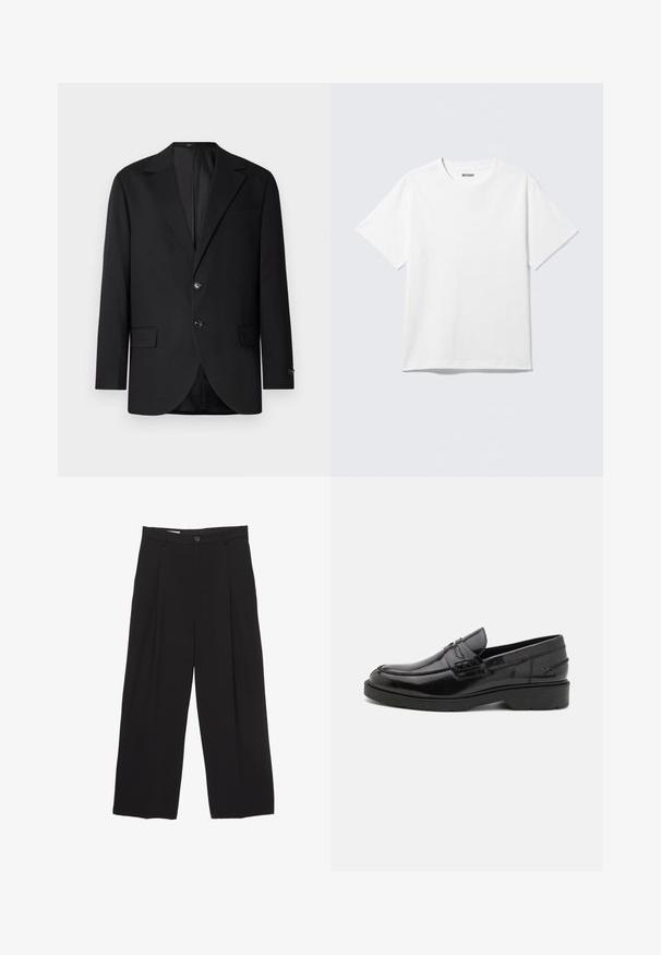 Blazer noir avec un col cranté, fermeture à deux boutons, deux poches avant et une poche poitrine. Tissu lisse et coupe ajustée.; T-shirt blanc à manches courtes et col rond, étalé à plat, design uni, avec l'étiquette "WEEKDAY" à l'intérieur du col sur un fond clair.; Pantalons larges noirs en tissu lisse, avec une taille plate, des plis avant et un bouton unique.; Mocassins en cuir noir avec une finition lisse, un bout rond, un petit talon et descoutures décoratives à l'avant. Semelle en caoutchouc pour l'adhérence.