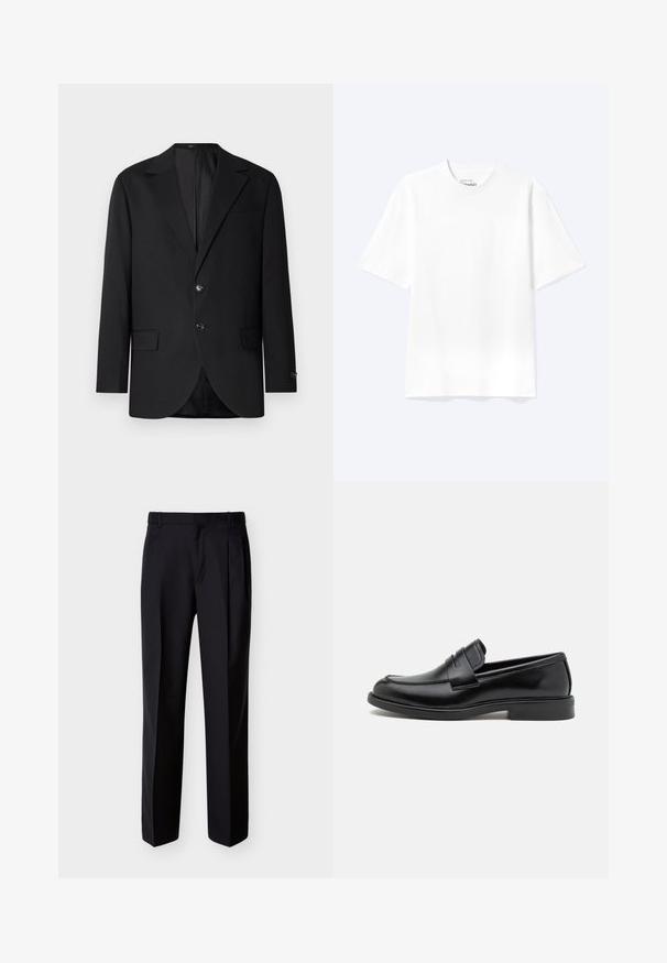 Blazer noir avec un col cranté, fermeture à deux boutons, deux poches avant et une poche poitrine. Tissu lisse et coupe ajustée.; T-shirt blanc uni à manches courtes et col rond avec une coupe décontractée, présenté sur un fond clair.; Pantalon noir ajusté à coupe droite, avec un devant plissé et des poches latérales. Confectionné dans un tissu lisse et léger à motif uni.; Mocassins en cuir noir avec un bout arrondi, des détails cousus sur le cou-de-pied et une semelle en caoutchouc plate pour l'adhérence. Texture lisse dans l'ensemble.