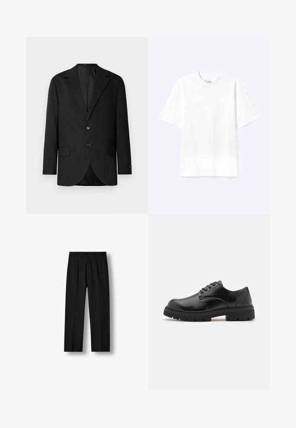 Blazer noir avec un col cranté, fermeture à deux boutons, deux poches avant et une poche poitrine. Tissu lisse et coupe ajustée.; T-shirt blanc uni à manches courtes et col rond avec une coupe décontractée, présenté sur un fond clair.; Pantalon noir droit avec plis devant, taille boutonnée et poches latérales sur un fond blanc uni.; Chaussures en cuir noir avec un bout rond, un laçage et une semelle en caoutchouc épaisse et texturée. Présente des coutures le long du bord et une finition lisse.