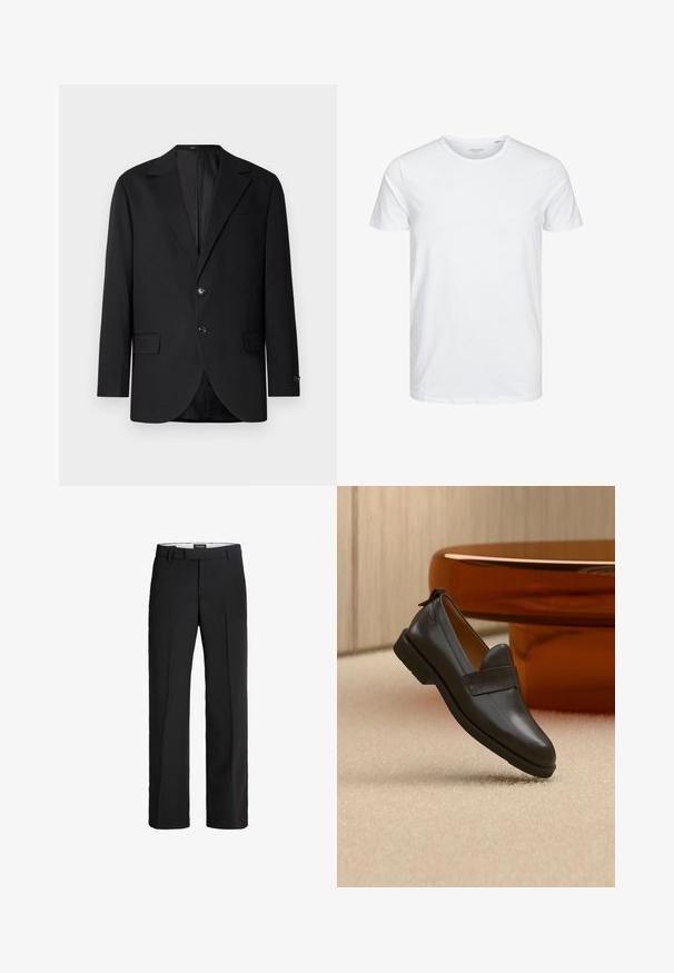 Blazer noir avec un col cranté, fermeture à deux boutons, deux poches avant et une poche poitrine. Tissu lisse et coupe ajustée.; T-shirt à col rond à manches courtes de couleur blanche unie, fabriqué en coton doux, avec un design simple sans motifs ni accents visibles.; Pantalon noir avec une coupe ajustée ; présente un devant lisse, deux poches latérales et une texture douce ; fabriqué à partir d'un matériau léger et respirant.; Mocassin en cuir noir à talon bas flottant au-dessus d'un tapis beige, à côté d'une table brillante couleur ambre dans une pièce minimaliste.