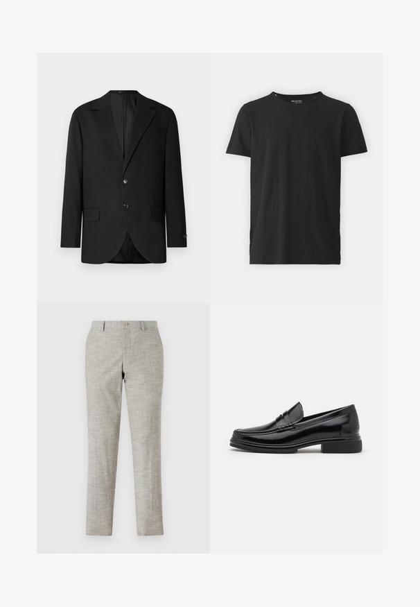 Blazer negro con solapa de muesca, cierre de doble botón, dos bolsillos frontales y un bolsillo en el pecho. Tela suave y corte entallado.; Camiseta de algodón negra con cuello redondo y mangas cortas. Presenta un diseño limpio sin patrones ni acentos. Sencilla y versátil.; Pantalones de color gris claro con una tela texturizada, que presentan una parte delantera plana, cremallera y un cierre de un solo botón. Corte ajustado y piernas rectas.; Mocasines de cuero negro con punta redondeada, que presentan un detalle cosido a través del empeine y un tacón bajo y cuadrado. Textura suave y acabado brillante.