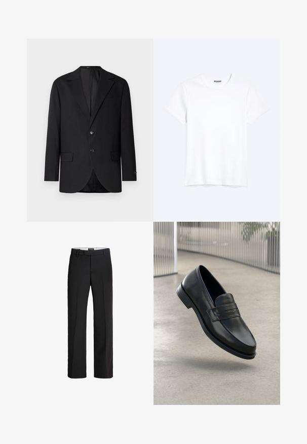 Blazer noir avec un col cranté, fermeture à deux boutons, deux poches avant et une poche poitrine. Tissu lisse et coupe ajustée.; T-shirt blanc uni à manches courtes et col rond avec une étiquette de la marque WEEKDAY visible au niveau du col, présenté sur un fond clair.; Pantalon noir avec une coupe ajustée ; présente un devant lisse, deux poches latérales et une texture douce ; fabriqué à partir d'un matériau léger et respirant.; Mocassin en cuir noir à texture lisse, bout pointu et bande décorative sur le cou-de-pied. Semelle légère, design minimaliste.