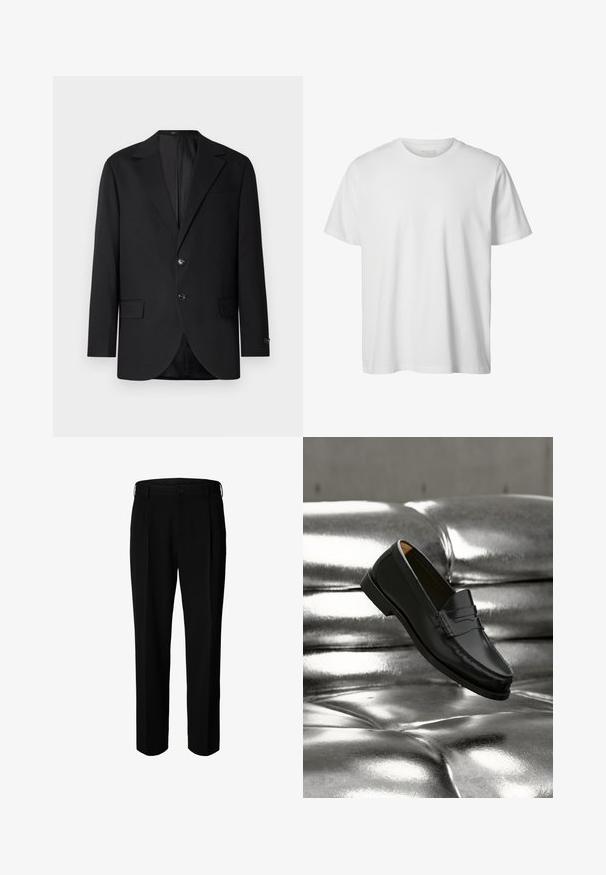 Blazer negro con solapa de muesca, cierre de doble botón, dos bolsillos frontales y un bolsillo en el pecho. Tela suave y corte entallado.; Camiseta blanca lisa de manga corta con cuello redondo, corte holgado y sin logos o diseños visibles en el frente.; Pantalones formales negros con trabillas para cinturón, botón frontal y cierre de cremallera, mostrados sobre fondo blanco.; Zapato mocasín de cuero negro flotando sobre un sofá plateado brillante con tapizado capitoné de cuero en un ambiente minimalista.