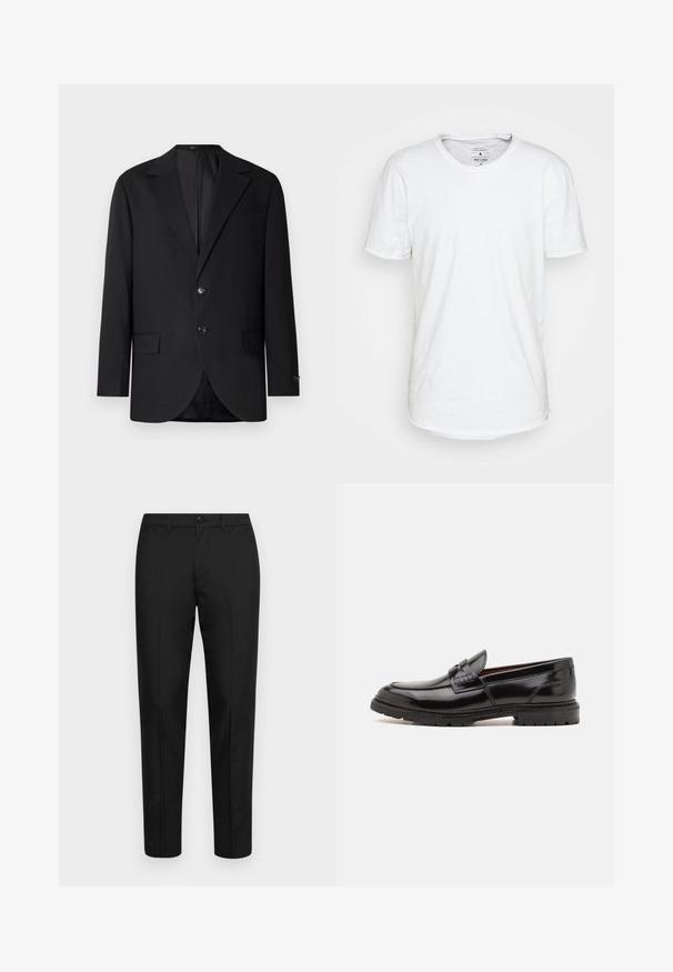 Schwarzer Blazer mit Reverskragen, Doppelknopfverschluss, zwei vorderen Taschen und einer Brusttasche. Glattes Material und taillierte Passform.; Weißes T-Shirt mit kurzen Ärmeln aus Baumwolle und klassischem Rundhalsausschnitt. Verfügt über einen leicht abgerundeten Saum und minimale Nähdetails.; Schwarze Hose aus glattem Stoff mit schlankem Schnitt, ausgestattet mit einem Knopfverschluss, Gürtelschlaufen und gerade geschnittenen Beinen.; ALDO ALERIS - Slipper - black