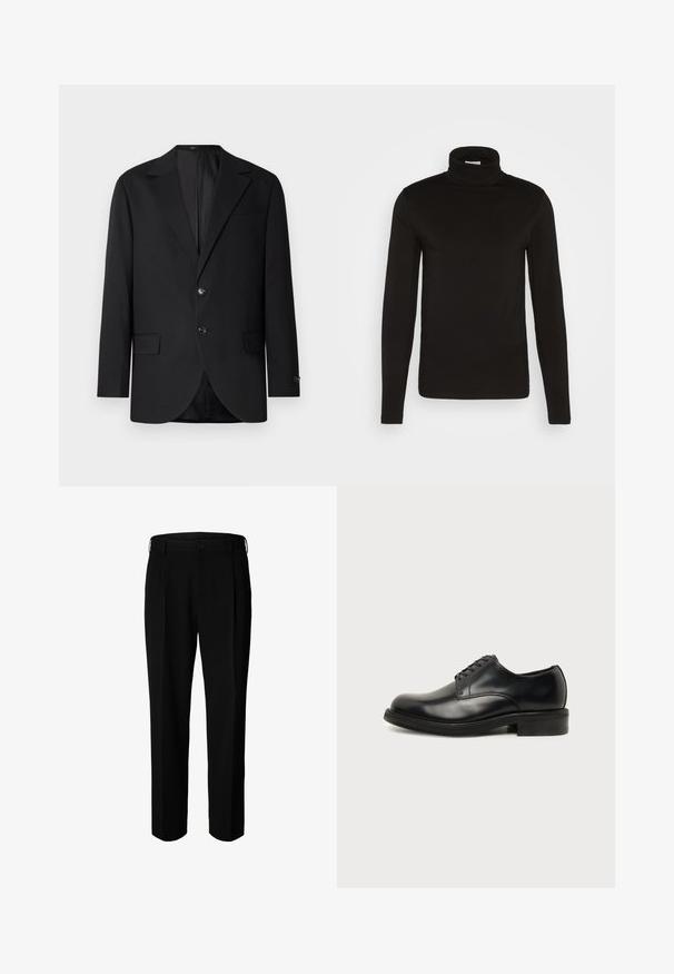 Schwarzer Blazer mit Reverskragen, Doppelknopfverschluss, zwei vorderen Taschen und einer Brusttasche. Glattes Material und taillierte Passform.; Schwarz, langärmliges Turtleneck-Shirt aus einem glatten Stoff mit figurnaher Passform und hohem, enganliegendem Kragen. Keine sichtbaren Muster oder Akzente.; Schwarze formelle Hose mit Gürtelschlaufen, Frontknopf und Reißverschluss, vor weißem Hintergrund dargestellt.; Schwarzer polierter Herrenschuh aus Leder mit geschlossenem Schnürverschluss, runder Zehenform und niedrigem Absatz auf einfarbig hellem Hintergrund.
