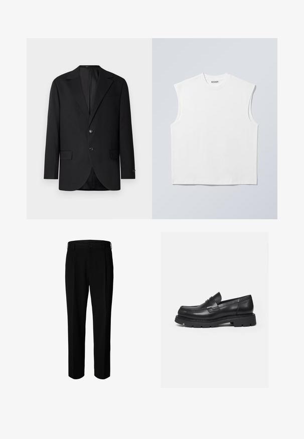 Schwarzer Blazer mit Reverskragen, Doppelknopfverschluss, zwei vorderen Taschen und einer Brusttasche. Glattes Material und taillierte Passform.; Weißes ärmelloses Baumwolltop mit Rundhalsausschnitt und strukturierten Schultern, mit "WEEKDAY" auf dem Kragenetikett versehen, vor hellgrauem Hintergrund dargestellt.; Schwarze formelle Hose mit Gürtelschlaufen, Frontknopf und Reißverschluss, vor weißem Hintergrund dargestellt.; Schwarzer Lederloafer mit dicker, profilierter Sohle und Pennyriemen-Detail, von der rechten Seitenansicht auf weißem Hintergrund gezeigt.