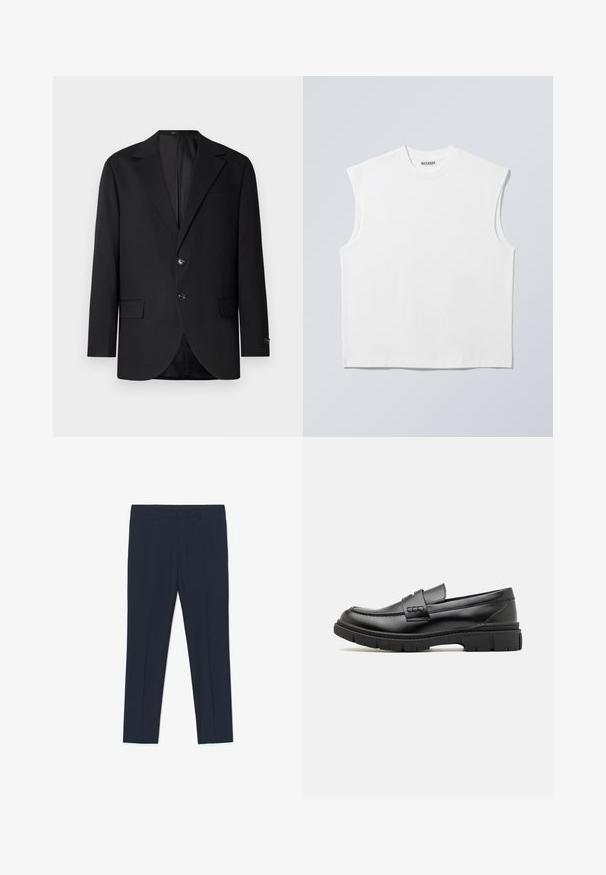 Sort blazer med en notch lapel, dobbel knaplukning, to frontlommer og en enkelt brystlomme. Glat stof og skræddersyet pasform.; Hvid ærmeløs bomulds top med rund hals og markerede skulderpartier, mærket "WEEKDAY" på halsmærket, vist på lys grå baggrund.; Marineblå formelle bukser med skræddersyet design, en glat tekstur og to forlommer, med rene linjer og en lige pasform.; Sort læder loafersko med en bred rem over forfoden, gummisål med tykke mønstre og glat overflade. Klassisk, slankt design.