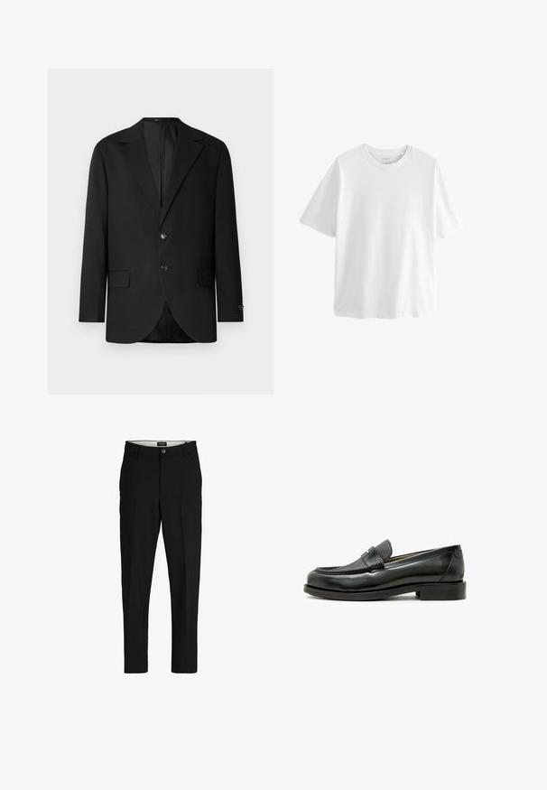 Schwarzer Blazer mit Reverskragen, Doppelknopfverschluss, zwei vorderen Taschen und einer Brusttasche. Glattes Material und taillierte Passform.; Schlichtes weißes T-Shirt mit kurzen Ärmeln und Rundhalsausschnitt in entspannter Passform vor weißem Hintergrund.; Schwarze Hosen aus glattem Stoff, mit maßgeschneidertem Design, geraden Beinen, zwei Fronttaschen und einem Knopfverschluss.; Schwarzer Lederloafer mit strukturiertem schwarzen Lederakzent, abgerundeter Zehenform und niedrigem Blockabsatz; verfügt über ein dekoratives metallisches Detail.