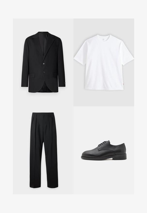 Schwarzer Blazer mit Reverskragen, Doppelknopfverschluss, zwei vorderen Taschen und einer Brusttasche. Glattes Material und taillierte Passform.; Weißes kurzärmeliges T-Shirt aus Baumwolle mit Rundhalsausschnitt und geradem Schnitt. Etikett sichtbar am unteren Seiten Saum.; Schwarze hoch taillierte maßgeschneiderte Hose mit Gürtelschlaufen, vorderen Falten, Knopfverschluss und geraden, weiten Beinen auf hellem Hintergrund.; Schwarze Leder-Oxfordschuhe mit runder Zehenform, glatter Oberfläche, fünf Ösen für die Schnürung und niedrigem, gestapeltem Absatz.