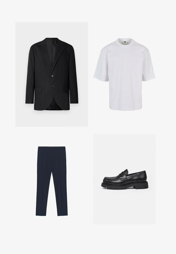Schwarzer Blazer mit Reverskragen, Doppelknopfverschluss, zwei vorderen Taschen und einer Brusttasche. Glattes Material und taillierte Passform.; Weißes T-Shirt mit kurzen Ärmeln aus Baumwolle. Verfügt über einen Rundhalsausschnitt und einen lockeren Schnitt mit glatter Oberfläche sowie ohne sichtbare Muster oder Grafiken.; Marineblaue formelle Hose mit maßgeschneidertem Design, glatter Textur und zwei Vordertaschen, mit klaren Linien und geradem Schnitt.; Schwarzer Lederloafer mit dicker, profilierter Sohle und Pennyriemen-Detail, von der rechten Seitenansicht auf weißem Hintergrund gezeigt.