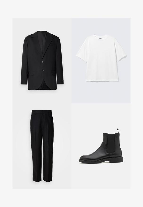 Schwarzer Blazer mit Reverskragen, Doppelknopfverschluss, zwei vorderen Taschen und einer Brusttasche. Glattes Material und taillierte Passform.; Weißes oversized T-Shirt mit kurzen Ärmeln und Rundhalsausschnitt mit eingesetzten Schultern, flach auf hellgrauem Hintergrund.; Schwarze Hosen aus glattem Stoff, mit geradem Bein, flacher Front und Gürtelschlaufen, vor einem schlichten Hintergrund präsentiert.; Schwarze Leder-Ankle-Boots mit glatter Textur, elastischen Seitenpaneelen und einer Zuglasche. Runde Zehenpartie und flache Gummisohle mit minimalem Profil.