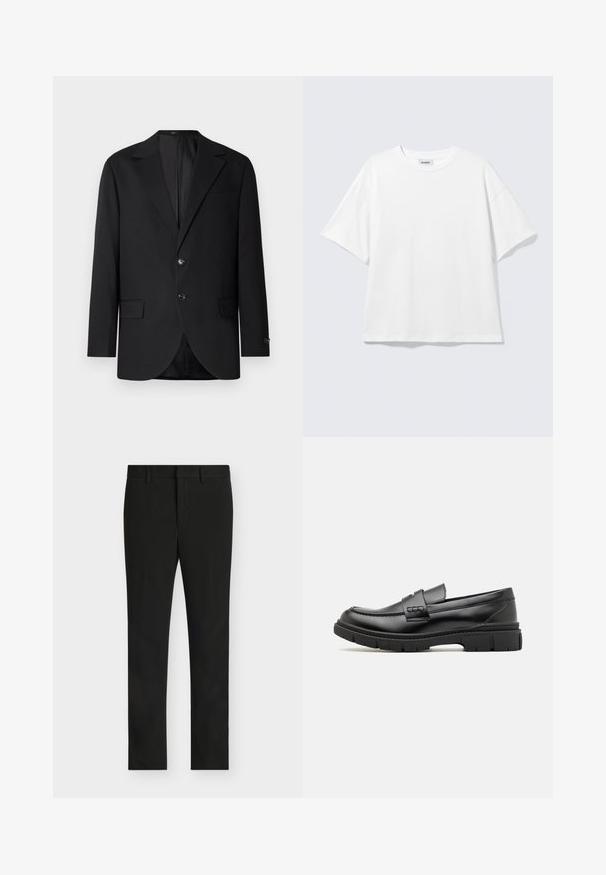 Zwarte blazer met een notch lapel, dubbele knoopsluiting, twee voorzakken en een enkele borstzak. Gladde stof en een getailleerde pasvorm.; Witte oversized T-shirt met korte mouwen, ronde hals en verlaagde schouders, plat op een lichtgrijze achtergrond.; Zwarte slim-fit pantalon met riemlussen, frontrits en platte voorkant, getoond op een lichtgrijze achtergrond.; Zwarte leren instapper met een brede band over de voet, rubberen zool met dikke noppen en een gladde textuur. Klassiek, strak ontwerp.