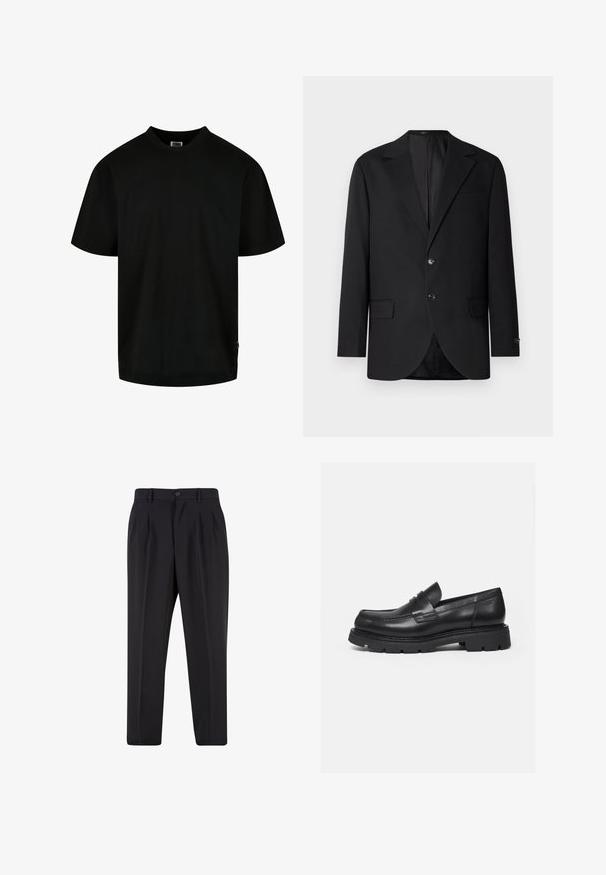 Zwarte blazer met een notch lapel, dubbele knoopsluiting, twee voorzakken en een enkele borstzak. Gladde stof en een getailleerde pasvorm.; Zwart T-shirt van katoen, met een ronde hals en korte mouwen in een losse pasvorm. Eenvoudig ontwerp, zonder patronen of grafische elementen.; Zwarte op maat gemaakte broek met voorplooien, riemlussen en een knoopsluiting in de taille.; Zwarte leren loafer met dikke geribbelde zool en pennyriemdetail, getoond in rechter zijprofiel op witte achtergrond.
