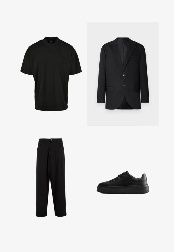 Schwarzer Blazer mit Reverskragen, Doppelknopfverschluss, zwei vorderen Taschen und einer Brusttasche. Glattes Material und taillierte Passform.; Schwarzes T-Shirt mit kurzen Ärmeln und Rundhalsausschnitt, aus weichem Stoff, mit lockerer Passform und ohne sichtbare Muster oder Akzente.; Schwarze, weit geschnittene Hose aus Baumwolle mit Knopfverschluss, vorderen Taschen und einer glatten Textur ohne Muster oder Verzierungen.; Schwarzer Sneaker mit niedrigem Schaft, dicker Sohle und Schnürung vorne, aus glattem Leder gefertigt, seitlich auf weißem Hintergrund gezeigt.