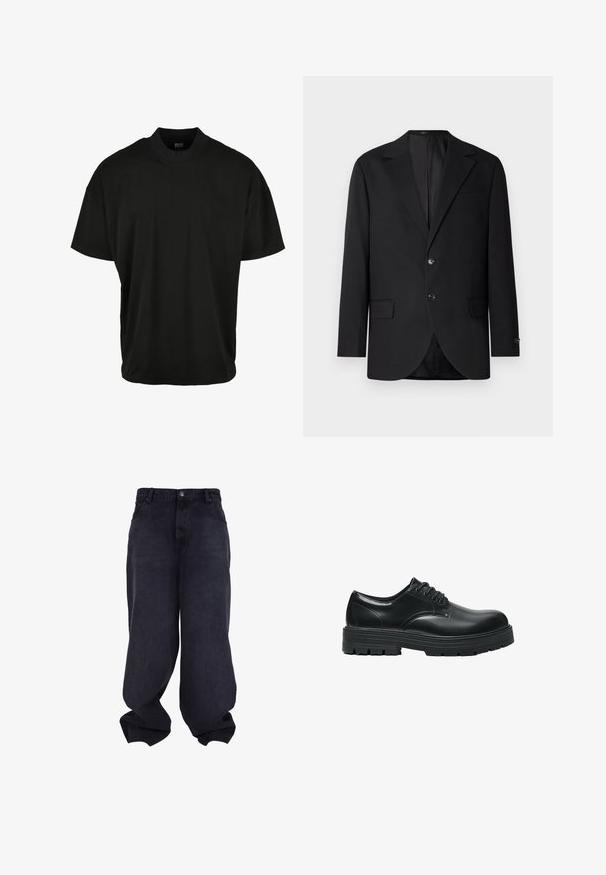 Schwarzer Blazer mit Reverskragen, Doppelknopfverschluss, zwei vorderen Taschen und einer Brusttasche. Glattes Material und taillierte Passform.; Schwarzes T-Shirt mit kurzen Ärmeln und Rundhalsausschnitt, aus weichem Stoff, mit lockerer Passform und ohne sichtbare Muster oder Akzente.; Schwarze übergroße Baggy-Jeans mit Knopf- und Reißverschluss vorne, Vordertaschen und lockeren, weiten Beinen.; Schwarzer Lederschnürschuh mit dicker profilierter Sohle und abgerundetem Zehenbereich, seitlich auf weißem Hintergrund dargestellt.