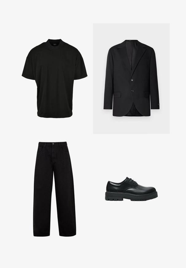 Schwarzer Blazer mit Reverskragen, Doppelknopfverschluss, zwei vorderen Taschen und einer Brusttasche. Glattes Material und taillierte Passform.; Schwarzes T-Shirt mit kurzen Ärmeln und Rundhalsausschnitt, aus weichem Stoff, mit lockerer Passform und ohne sichtbare Muster oder Akzente.; Schwarze weite Jeans aus Denim, mit Fronttaschen, einem Knopfverschluss und einem klaren, minimalistischen Design ohne sichtbare Muster.; Schwarzer Lederschnürschuh mit dicker profilierter Sohle und abgerundetem Zehenbereich, seitlich auf weißem Hintergrund dargestellt.