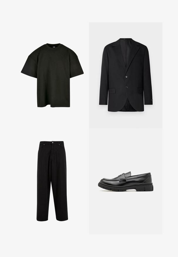 Blazer negro con solapa de muesca, cierre de doble botón, dos bolsillos frontales y un bolsillo en el pecho. Tela suave y corte entallado.; Camiseta negra de corte oversized en suave algodón. Presenta un cuello redondo y mangas cortas, con una textura suave y un diseño minimalista.; Pantalones de pierna ancha negros, fabricados en algodón, con cierre de botón, bolsillos delanteros y una textura suave sin patrones ni adornos.; Mocasin de cuero negro con una cinta ancha en el empeine, suela de goma con tacos gruesos y textura suave. Diseño clásico y elegante.