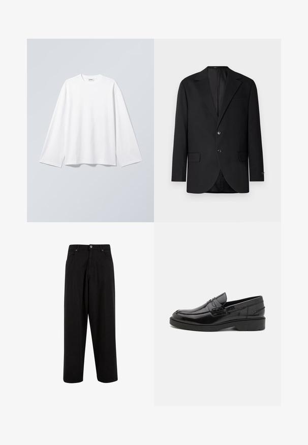 Blazer noir avec un col cranté, fermeture à deux boutons, deux poches avant et une poche poitrine. Tissu lisse et coupe ajustée.; T-shirt blanc uni à manches longues avec col rond et coupe décontractée, suspendu sur un fond gris clair.; Pantalon noir à jambes larges avec fermeture frontale par bouton et fermeture éclair, passants pour ceinture et poches latérales, présenté sur fond blanc.; Mocassins en cuir noir avec une finition lisse, un bout rond, un petit talon et descoutures décoratives à l'avant. Semelle en caoutchouc pour l'adhérence.