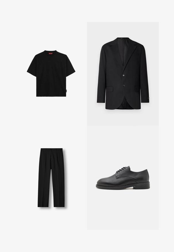 Blazer negro con solapa de muesca, cierre de doble botón, dos bolsillos frontales y un bolsillo en el pecho. Tela suave y corte entallado.; Camiseta negra de manga corta hecha de algodón, con cuello redondo y una pequeña etiqueta en el lateral. Textura suave y corte recto.; Pantalones negros de pierna recta con pliegues delanteros, cintura con botones y bolsillos laterales sobre fondo blanco liso.; Zapato oxford de cuero negro con punta redonda, que presenta un acabado suave, cierre de cordones con cinco ojales y un tacón bajo apilado.