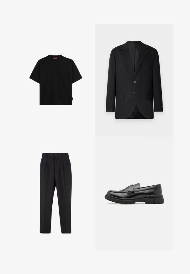 Schwarzer Blazer mit Reverskragen, Doppelknopfverschluss, zwei vorderen Taschen und einer Brusttasche. Glattes Material und taillierte Passform.; Schwarzes kurzärmliges T-Shirt aus Baumwolle mit Rundhalsausschnitt und einem kleinen Etikett an der Seite. Glatte Textur und gerader Schnitt.; Schwarze, maßgeschneiderte Hose mit vorderen Bundfalten, Gürtelschlaufen und Knopfverschluss an der Taille.; Schwarze Lederloafer mit einem breiten Riemen über dem Rist, Gummisohle mit dicken Profilen und glatter Textur. Klassisches, schlankes Design.