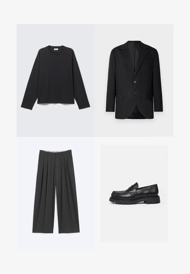 Zwarte blazer met een notch lapel, dubbele knoopsluiting, twee voorzakken en een enkele borstzak. Gladde stof en een getailleerde pasvorm.; Zwart shirt met lange mouwen en ronde hals, eenvoudige, losse pasvorm, plat gelegen op een lichtgrijze achtergrond.; Donkergrijze broek met wijde pijpen met subtiele krijtstrepen, voorplooien, riemlussen en knoopsluiting, plat gelegd op een lichte achtergrond.; Zwarte leren loafer met dikke geribbelde zool en pennyriemdetail, getoond in rechter zijprofiel op witte achtergrond.