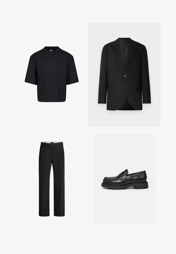 Blazer negro con solapa de muesca, cierre de doble botón, dos bolsillos frontales y un bolsillo en el pecho. Tela suave y corte entallado.; Camiseta de algodón negra con cuello redondo, mangas cortas y un corte holgado. Textura suave y diseño minimalista. Sin logotipos visibles.; Pantalones negros con corte ajustado; cuentan con un frente plano, dos bolsillos laterales y una textura suave; fabricados con un material ligero y transpirable.; Mocasín negro de cuero con suela gruesa y acanalada y detalle de tira para moneda, mostrado en perfil lateral derecho sobre fondo blanco.