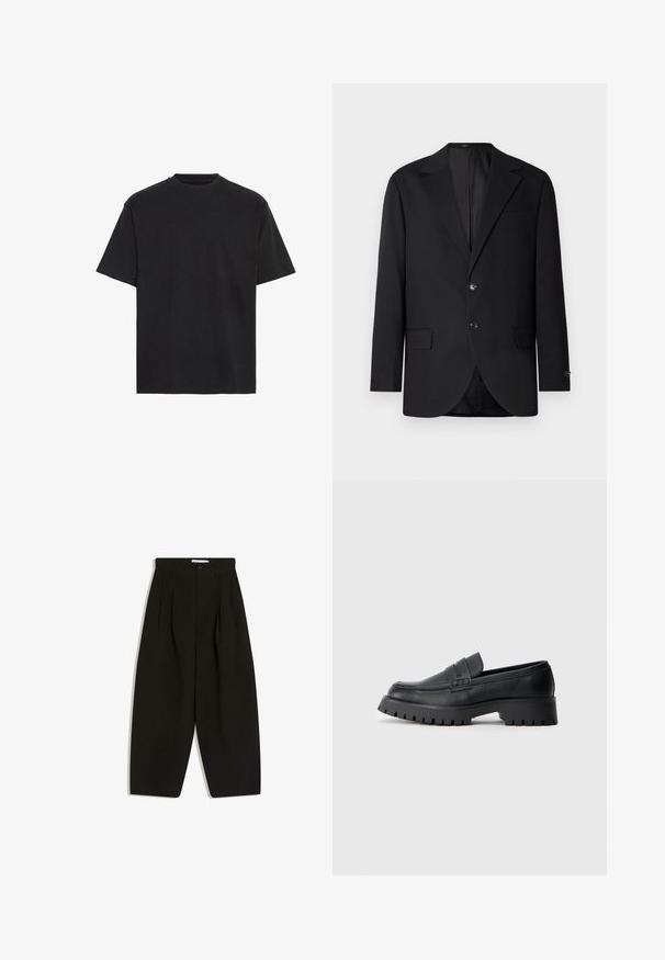 Sort blazer med en notch lapel, dobbel knaplukning, to frontlommer og en enkelt brystlomme. Glat stof og skræddersyet pasform.; Sort bomulds T-shirt, korte ærmer, rund hals, letvægts, løs pasform, glat tekstur, ingen synlige mønstre eller accenter.; Sorte bukser med vide ben lavet af blødt stof, med plisseret front, knaplukning og sidelommer for ekstra funktionalitet.; Sorte læder loafers med en rund tå, prydet med en dekorativ rem og en kraftig gummisål med dybe riller for grip.