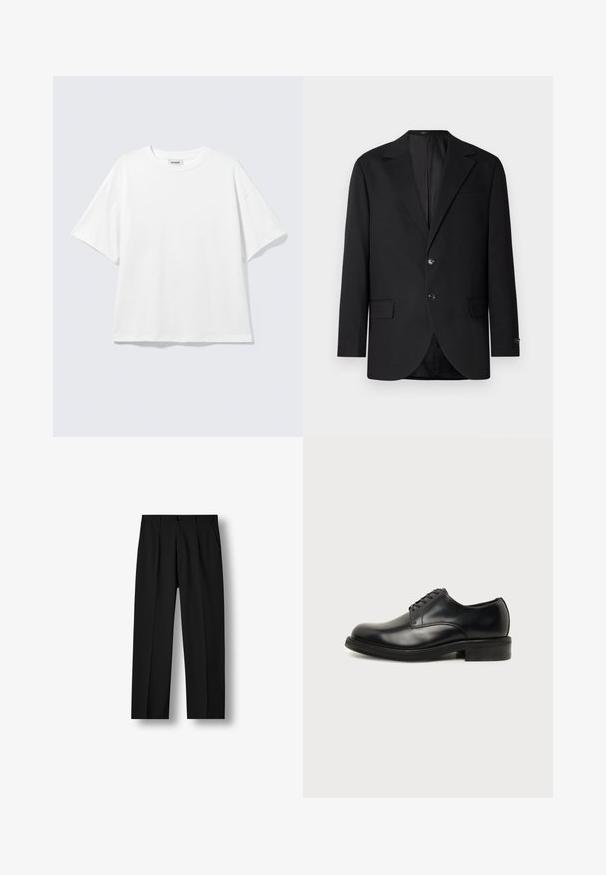 Blazer noir avec un col cranté, fermeture à deux boutons, deux poches avant et une poche poitrine. Tissu lisse et coupe ajustée.; T-shirt blanc oversize à manches courtes, col rond, épaules tombantes, posé à plat sur fond gris clair.; Pantalon noir droit avec plis devant, taille boutonnée et poches latérales sur un fond blanc uni.; Chaussure de ville pour homme en cuir noir poli avec laçage fermé, bout rond et petit talon sur un fond clair uni.