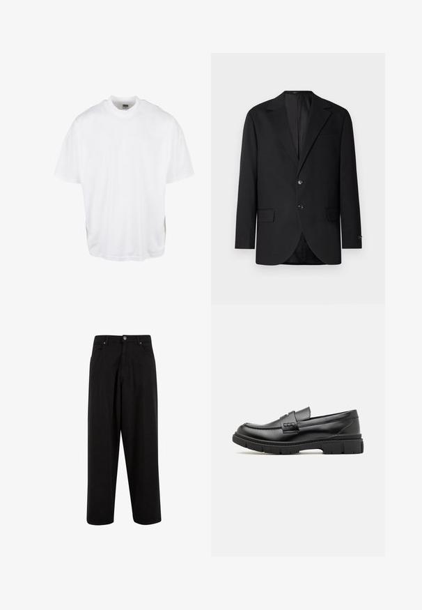 Blazer noir avec un col cranté, fermeture à deux boutons, deux poches avant et une poche poitrine. Tissu lisse et coupe ajustée.; T-shirt en coton blanc avec une coupe décontractée, des manches courtes et un col rond, présentant un ourlet droit et sans graphiques ni motifs visibles.; Pantalons larges noirs en coton, dotés d'une fermeture à bouton, de poches avant et d'une texture lisse sans motifs ni embellissements.; Mocassin en cuir noir avec une large sangle sur le devant, semelle en caoutchouc à épaisse rainure, et texture lisse. Design classique et élégant.