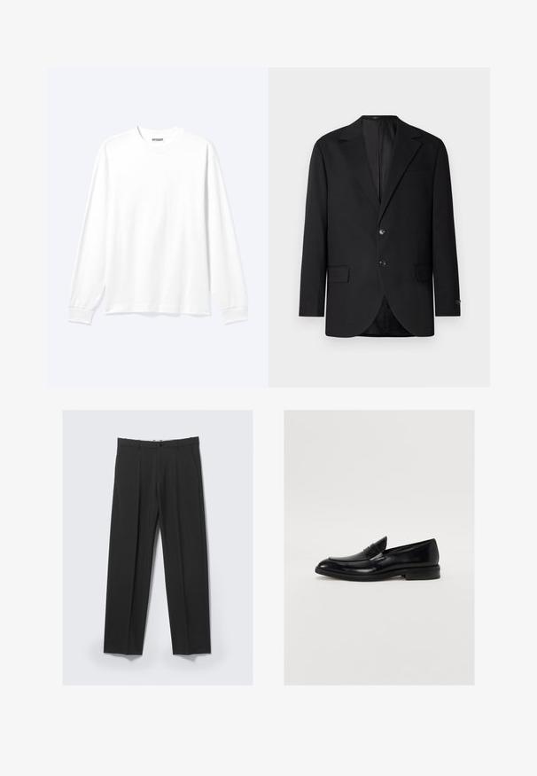Blazer negro con solapa de muesca, cierre de doble botón, dos bolsillos frontales y un bolsillo en el pecho. Tela suave y corte entallado.; Camisa blanca lisa de manga larga con cuello redondo y puños acanalados, mostrada sobre un fondo claro y neutro.; Pantalones negros a medida con pinzas delanteras, bolsillos laterales, trabillas para cinturón y cierre de botón en la cintura sobre un fondo claro.; Mocasín de cuero negro con puntera redondeada, costuras sutiles y un acabado suave. Presenta un tacón bajo apilado y una correa sobre el empeine.