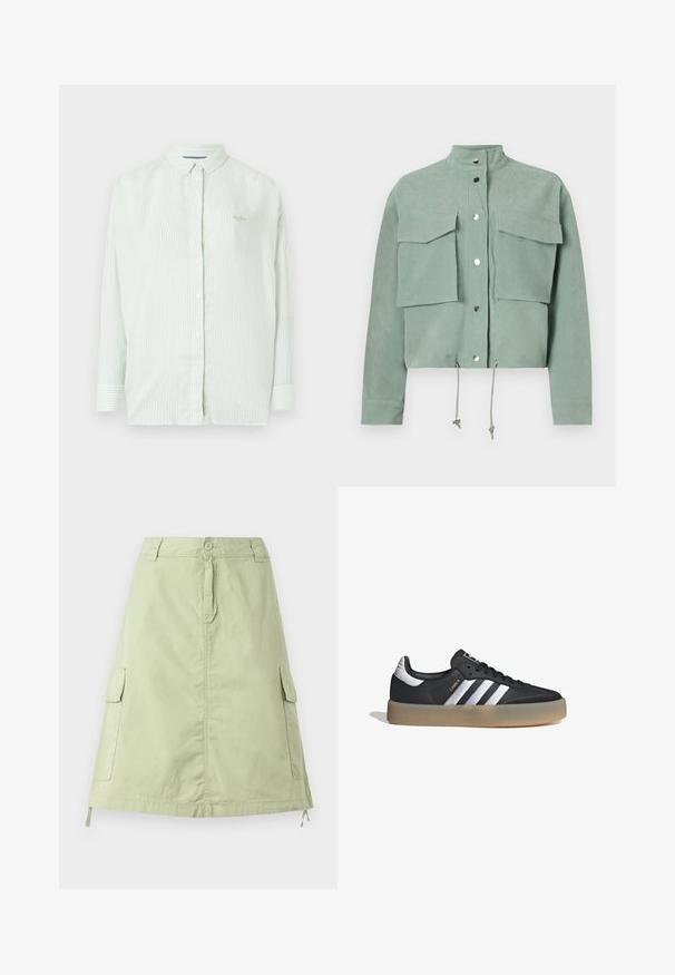 Chaqueta verde corta de manga corta con dos bolsillos frontales y botones a presión, con cordones en el dobladillo y un cuello alto.; Camisa de botones a rayas verde claro con cuello, mangas largas y un sutil logo de marca en el pecho; fabricada con un tejido suave.; Falda de algodón verde claro, hasta la rodilla, con dos bolsillos laterales tipo cargador, cierre de botón y un corte recto relajado. Textura lisa.; Zapatilla deportiva de cuero negro con tres rayas plateadas, punta texturizada y suela de goma. Cuenta con un collar acolchado y un diseño con cordones.