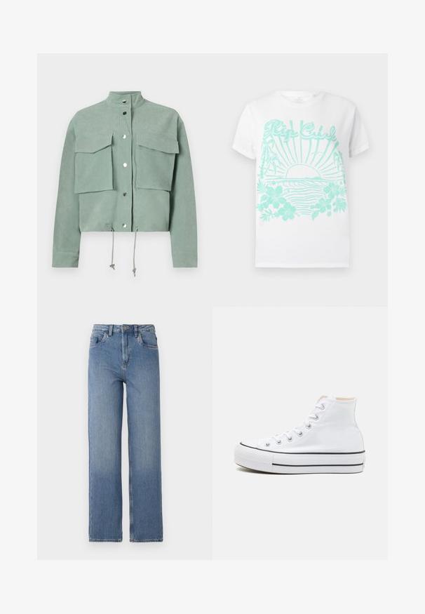Korte mouwen, cropped, groene jas met twee voorzakken en drukknoopsluitingen, met trekkoorden aan de zoom en een opstaande kraag.; Witte T-shirt met korte mouwen en turquoise print van een zon die ondergaat boven oceaangolven, palmboom, hibiscusbloemen en de tekst "Rip Curl".; Hoge taille blauwe spijkerbroek met een rechte pijp. Bevat het klassieke vijf-pocket ontwerp en subtiele vervaging aan de voorkant.; Witte hoge sneakers van canvasmateriaal, zwarte rubberen zool en contrasterende zwarte streep op de tussenzool. Circulaire neus en vetersluiting.