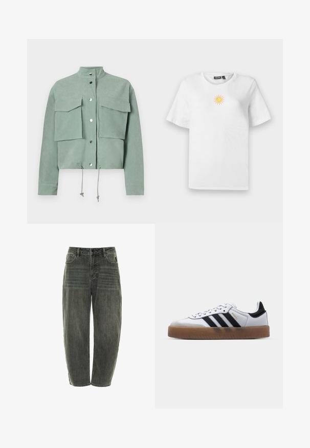Kortærmet, cropped, grøn jakke med to foran lommer og trykknapper, med snoretræk i kanten og stående krave.; Hvid bomulds T-shirt med korte ærmer, der har et lille, broderet design af en sol i gult og pink på brystet.; Mørkegrå denimjeans med en afslappet pasform, der har fem lommer, knaplukning og diskret fading forann og bagpå.; Hvide lædersneakers med sorte striber, gummirubber sål, rund tå, snørelukning og blød grå ruskinds tåhætte.